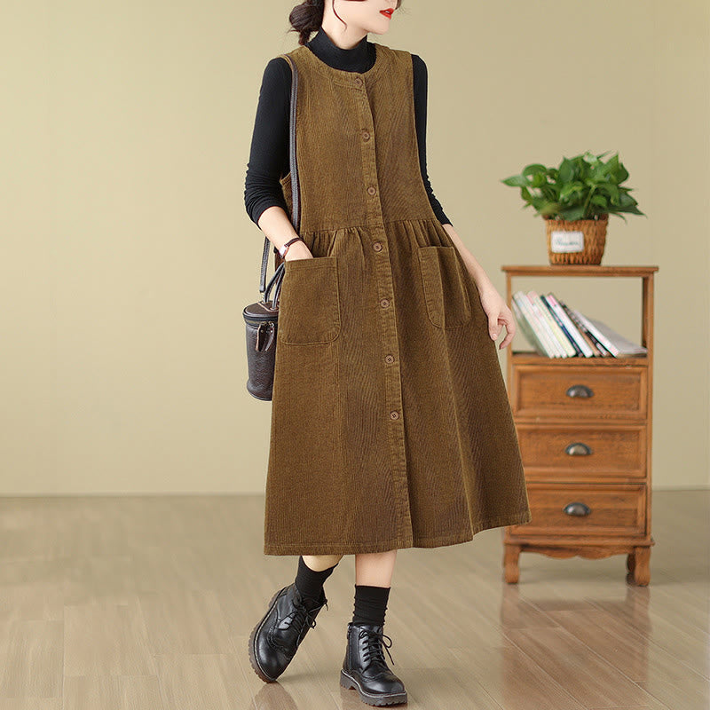 Fall Retro Buttons Design Cotton Corduroy Sleeveless Midi Dress With Pockets