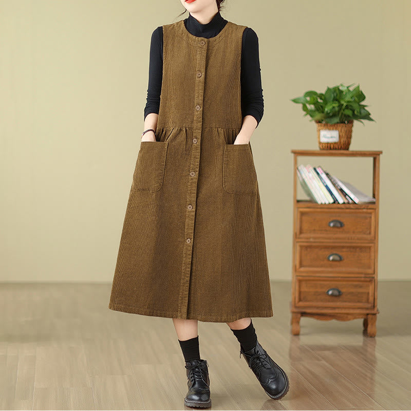Fall Retro Buttons Design Cotton Corduroy Sleeveless Midi Dress With Pockets