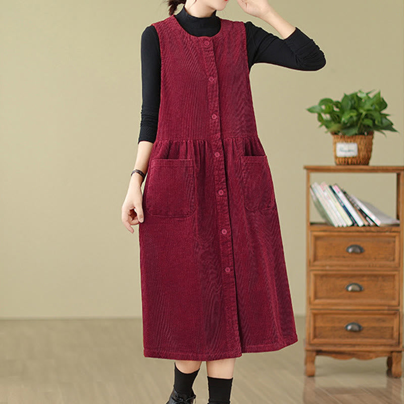Fall Retro Buttons Design Cotton Corduroy Sleeveless Midi Dress With Pockets
