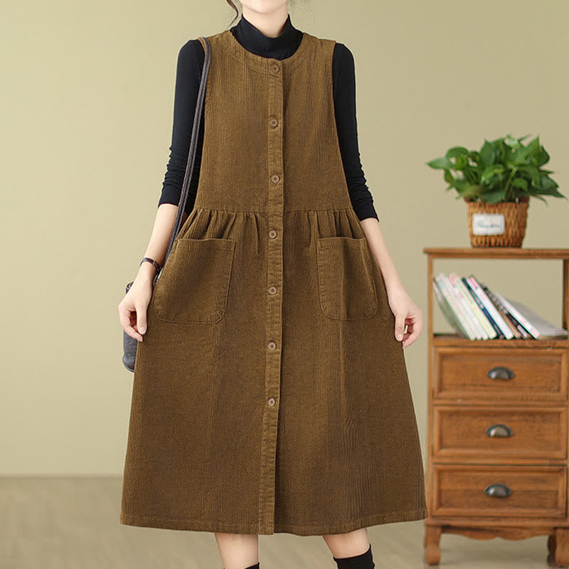Fall Retro Buttons Design Cotton Corduroy Sleeveless Midi Dress With Pockets