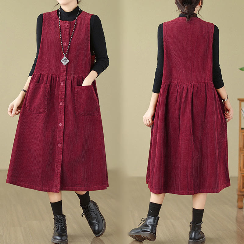 Fall Retro Buttons Design Cotton Corduroy Sleeveless Midi Dress With Pockets