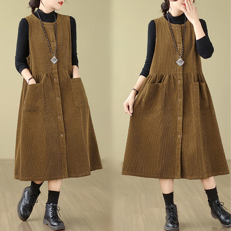 Fall Retro Buttons Design Cotton Corduroy Sleeveless Midi Dress With Pockets