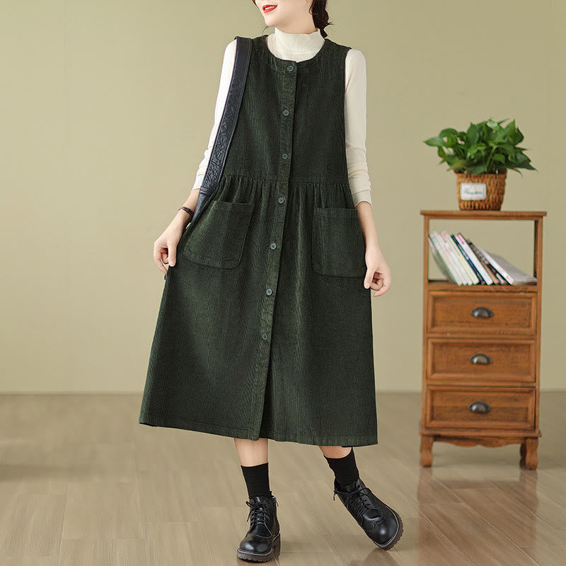 Fall Retro Buttons Design Cotton Corduroy Sleeveless Midi Dress With Pockets