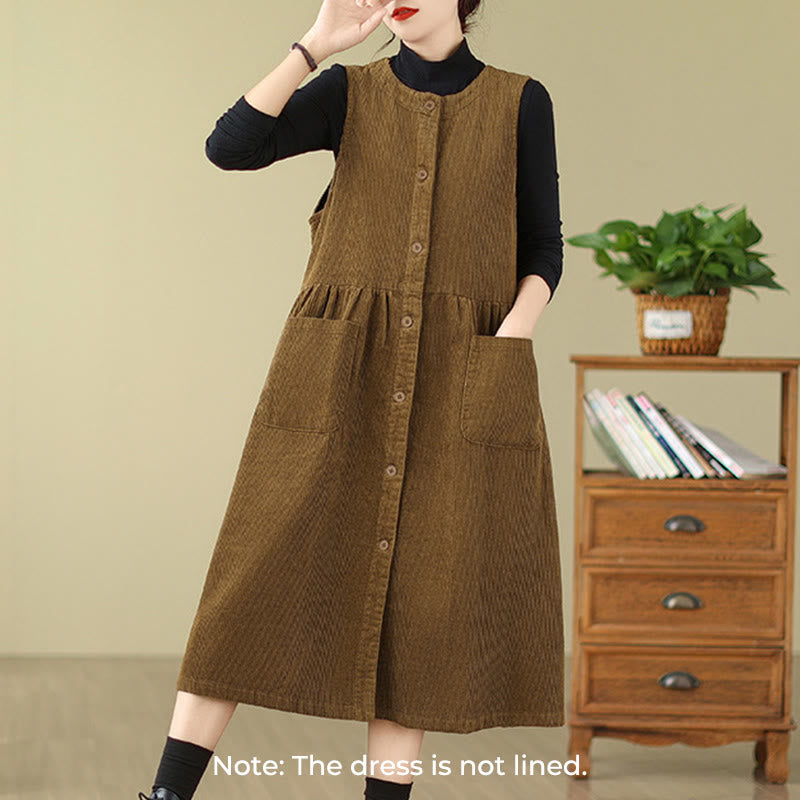 Fall Retro Buttons Design Cotton Corduroy Sleeveless Midi Dress With Pockets