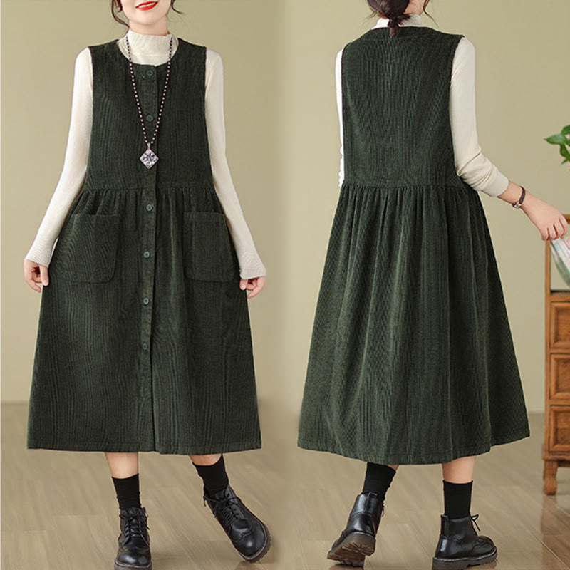 Fall Retro Buttons Design Cotton Corduroy Sleeveless Midi Dress With Pockets