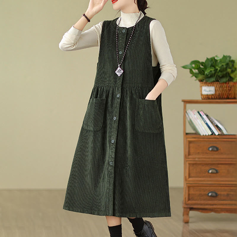 Fall Retro Buttons Design Cotton Corduroy Sleeveless Midi Dress With Pockets