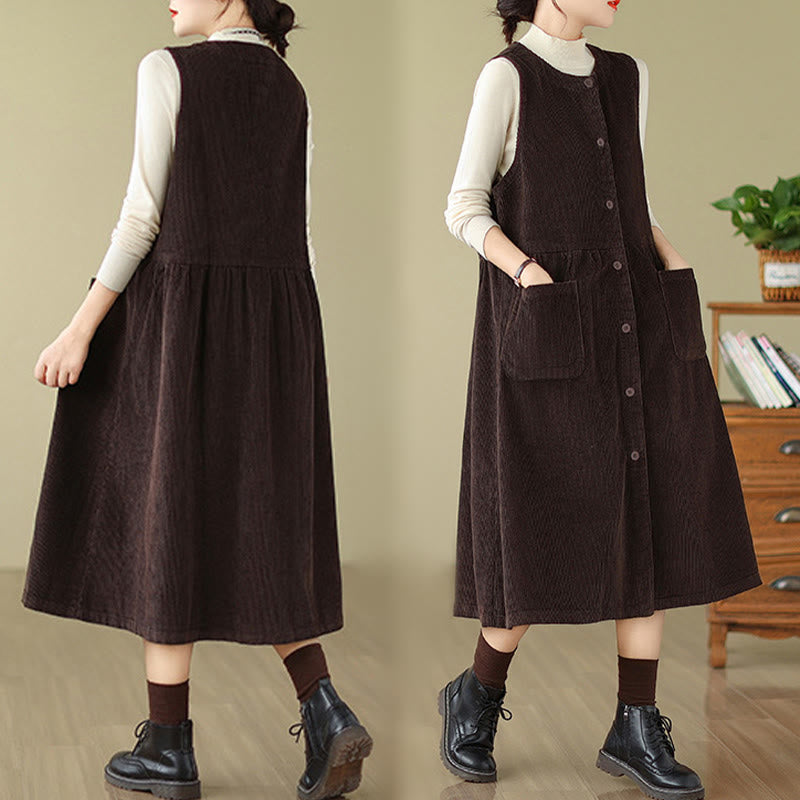 Fall Retro Buttons Design Cotton Corduroy Sleeveless Midi Dress With Pockets