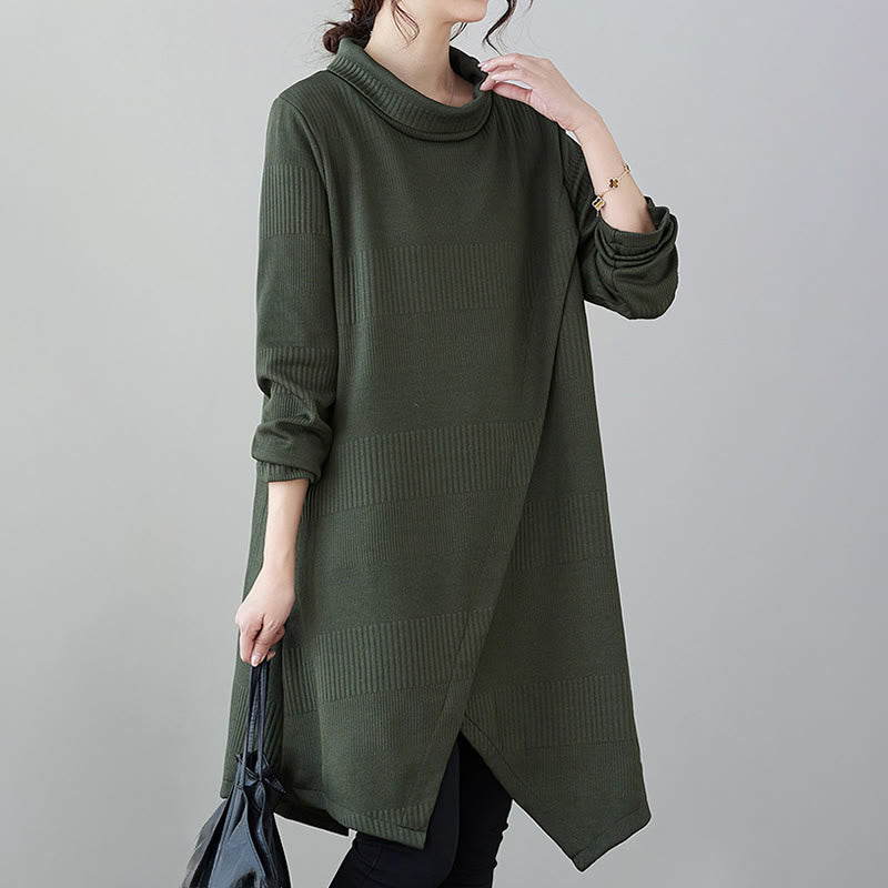 Winter Irregular Hem Design Mock Neck Cotton Long Sleeve Midi Dress With Pockets