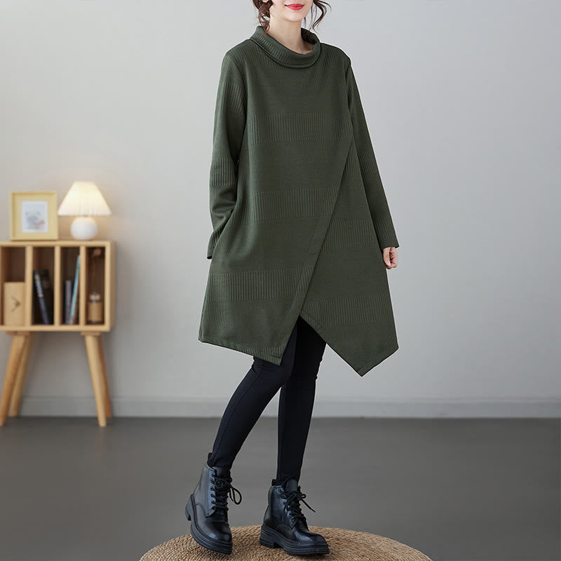 Winter Irregular Hem Design Mock Neck Cotton Long Sleeve Midi Dress With Pockets
