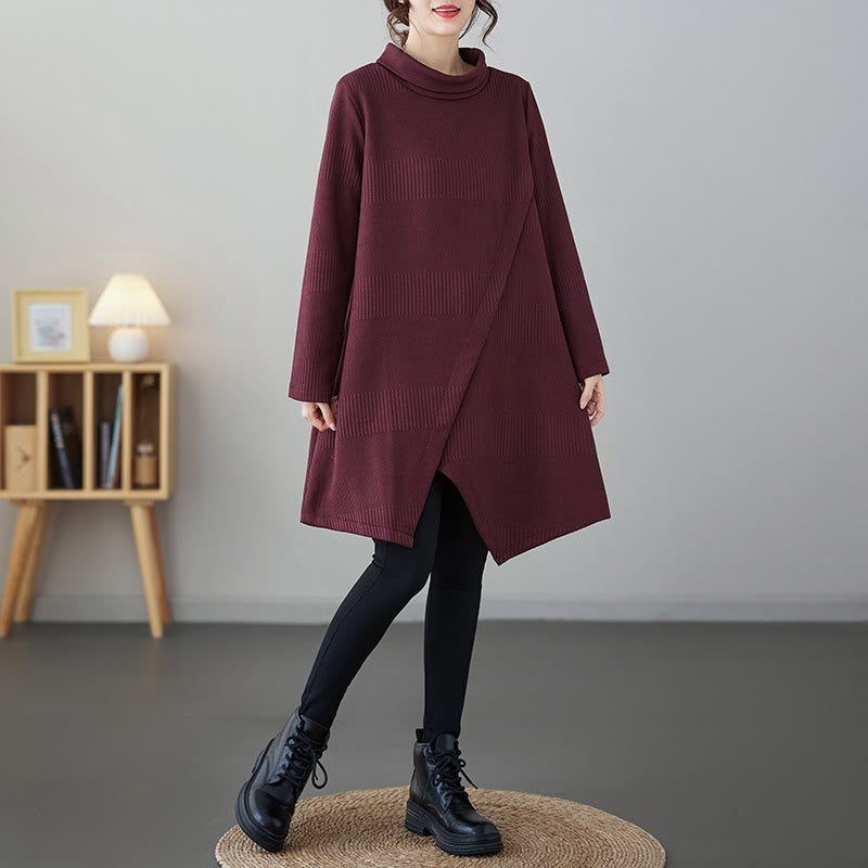 Winter Irregular Hem Design Mock Neck Cotton Long Sleeve Midi Dress With Pockets
