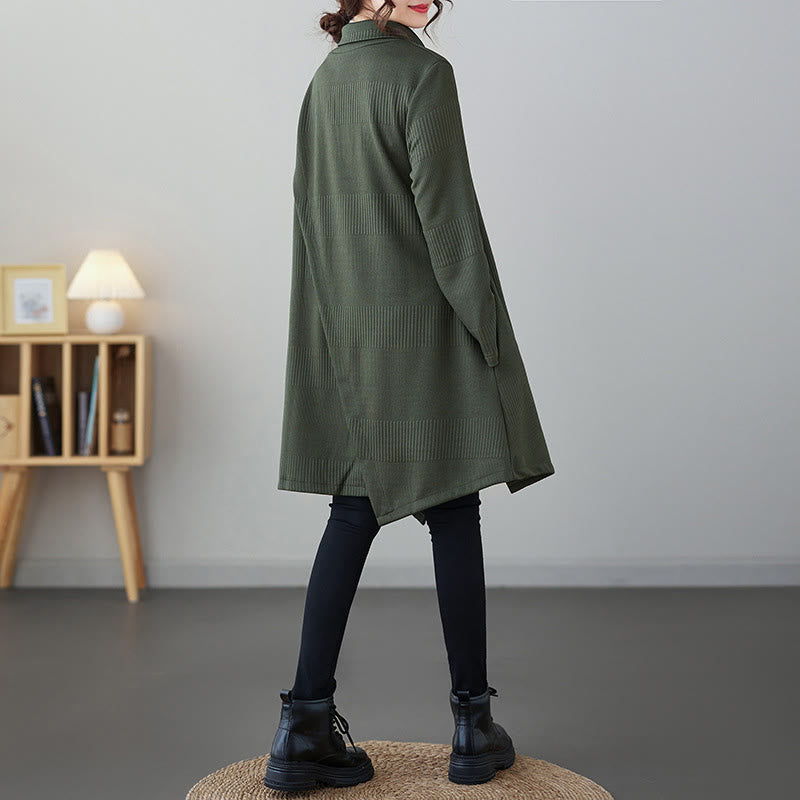 Winter Irregular Hem Design Mock Neck Cotton Long Sleeve Midi Dress With Pockets