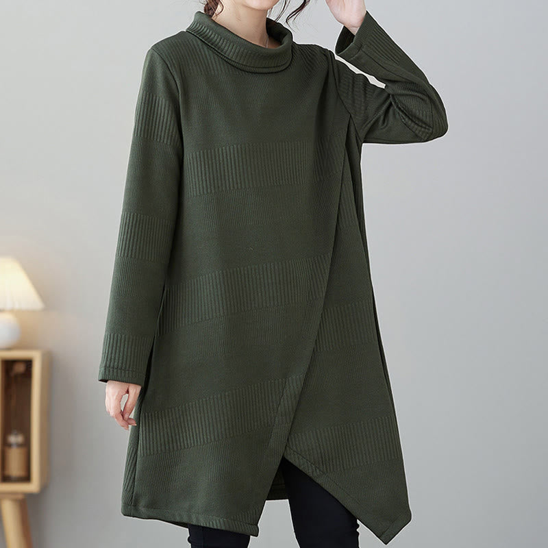 Winter Irregular Hem Design Mock Neck Cotton Long Sleeve Midi Dress With Pockets