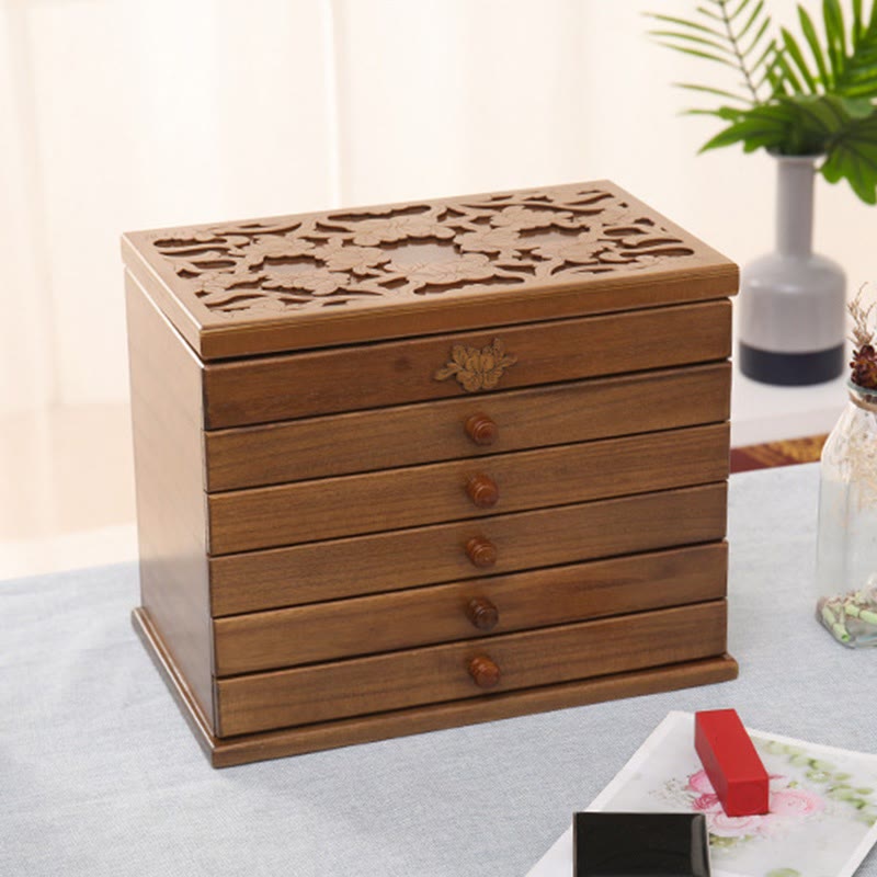 Vintage Floral Carved Paulownia Wood Six-Layer Large Capacity Jewelry Box