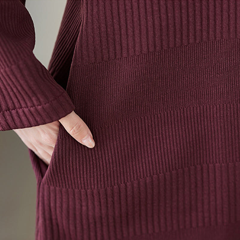 Winter Irregular Hem Design Mock Neck Cotton Long Sleeve Midi Dress With Pockets