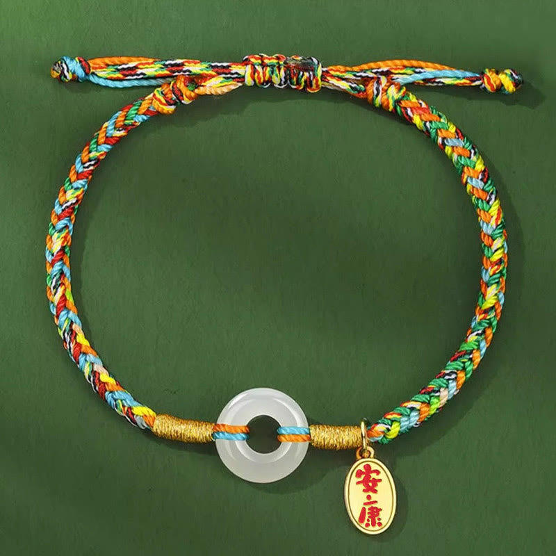 Handmade Peace Buckle Jade Prosperity 925 Sterling Silver Colorful Rope Bracelet