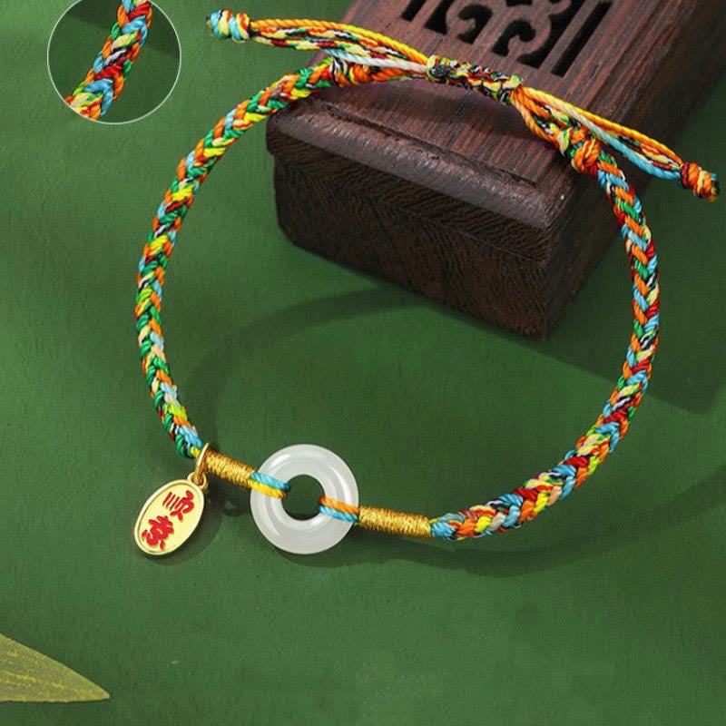 Handmade Peace Buckle Jade Prosperity 925 Sterling Silver Colorful Rope Bracelet