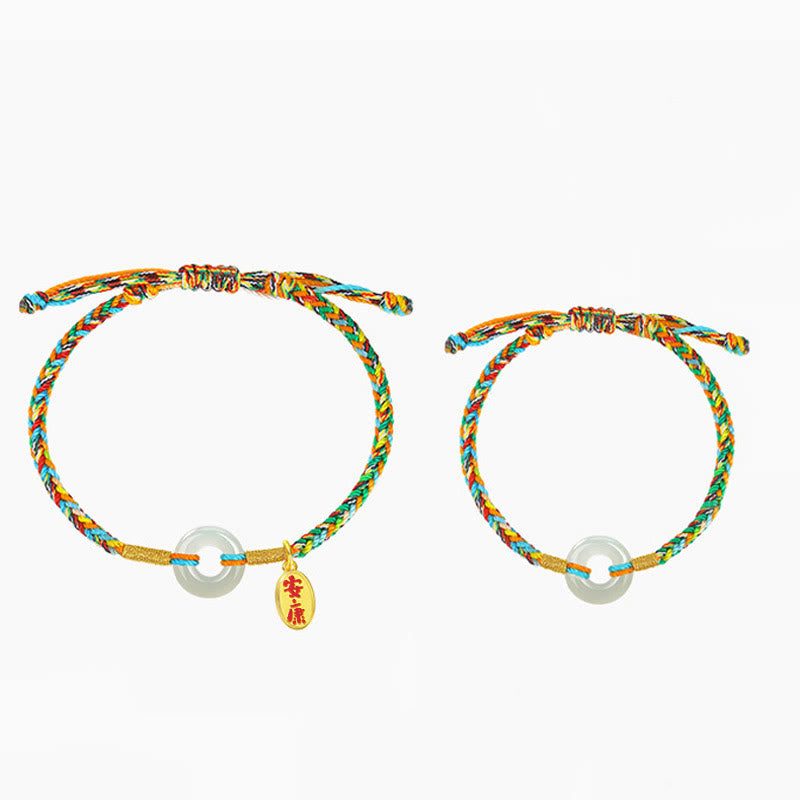 Handmade Peace Buckle Jade Prosperity 925 Sterling Silver Colorful Rope Bracelet
