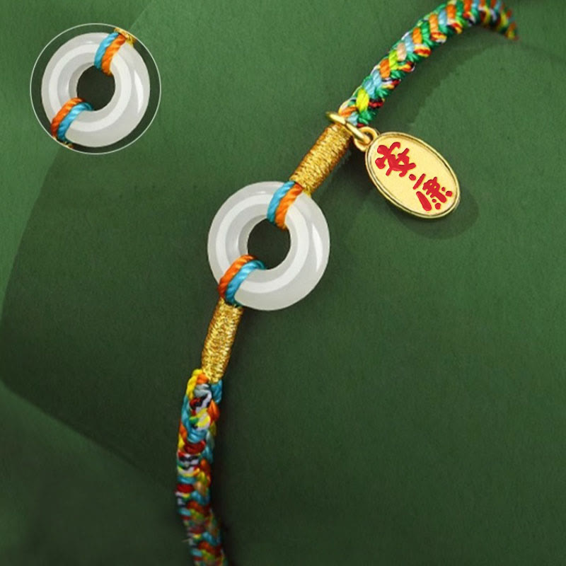 Handmade Peace Buckle Jade Prosperity 925 Sterling Silver Colorful Rope Bracelet