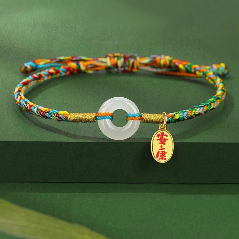 Handmade Peace Buckle Jade Prosperity 925 Sterling Silver Colorful Rope Bracelet