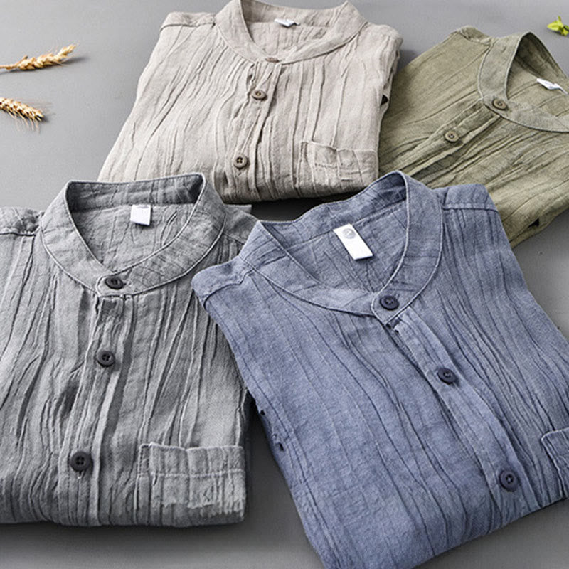 Ramie Linen Stand Collar Breathable Daily Meditation Men's Shirt