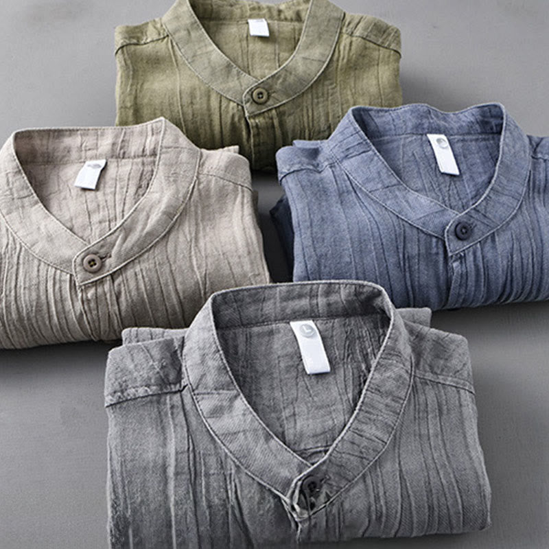 Ramie Linen Stand Collar Breathable Daily Meditation Men's Shirt