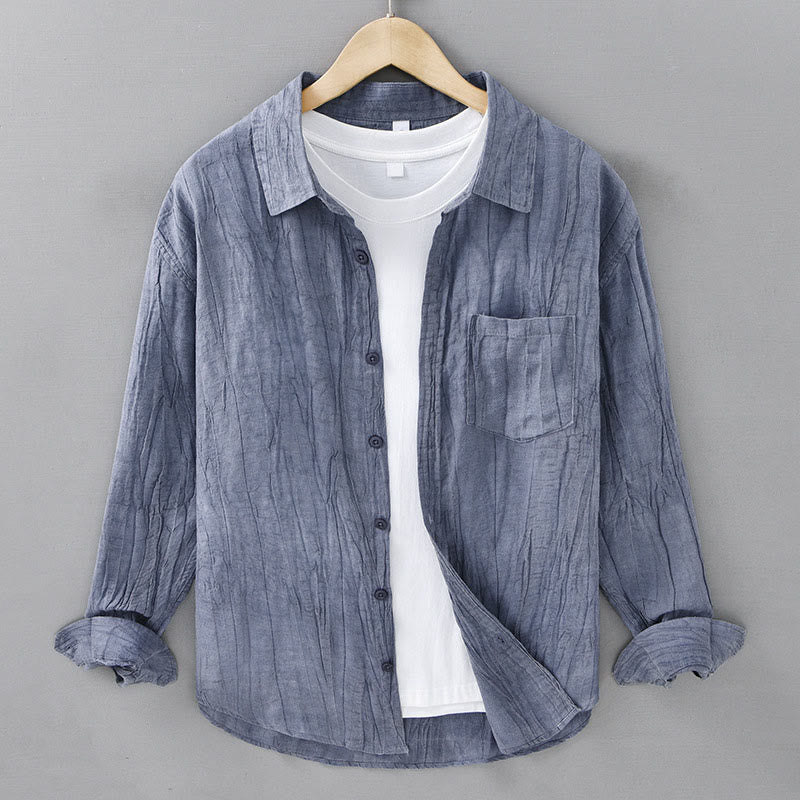 Solid Long Sleeve Stand Collar Wrinkles Button Down Ramie Linen Men's Shirts