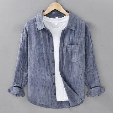 Solid Long Sleeve Stand Collar Wrinkles Button Down Ramie Linen Men's Shirts