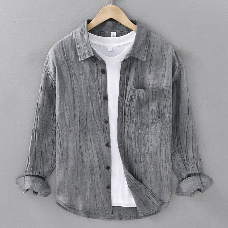 Solid Long Sleeve Stand Collar Wrinkles Button Down Ramie Linen Men's Shirts