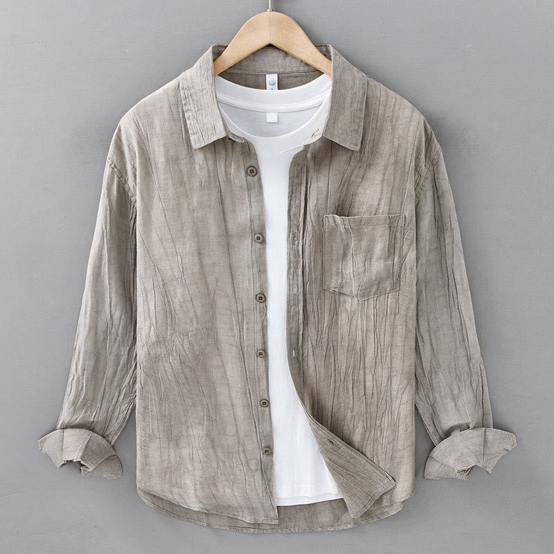 Solid Long Sleeve Stand Collar Wrinkles Button Down Ramie Linen Men's Shirts