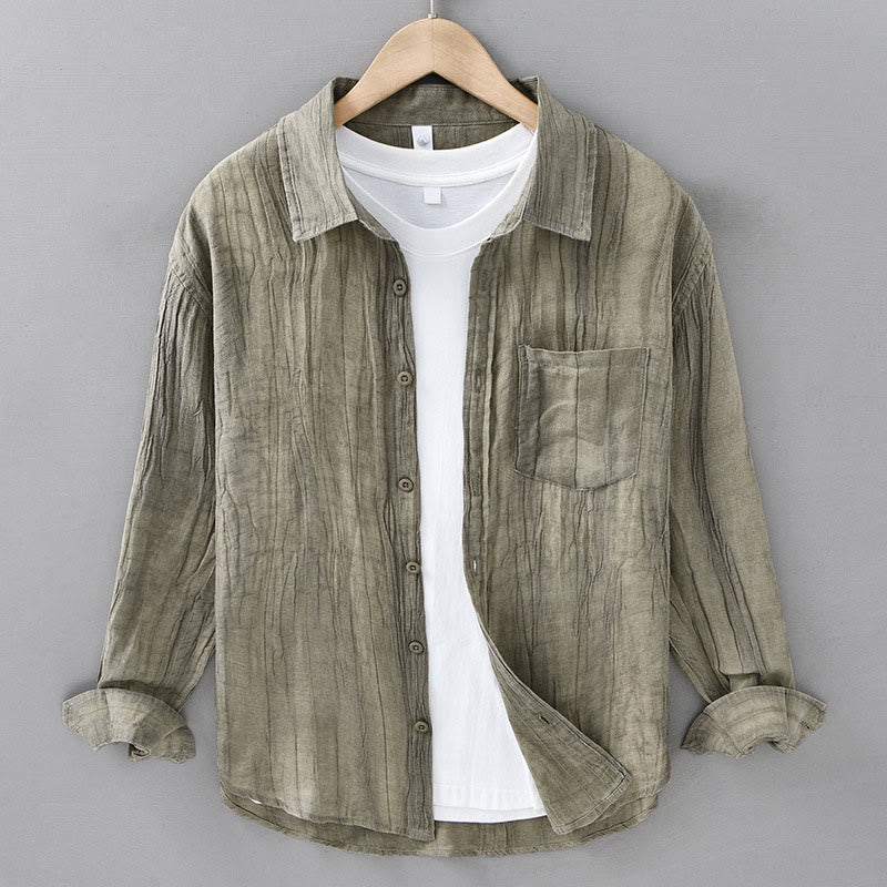 Solid Long Sleeve Stand Collar Wrinkles Button Down Ramie Linen Men's Shirts