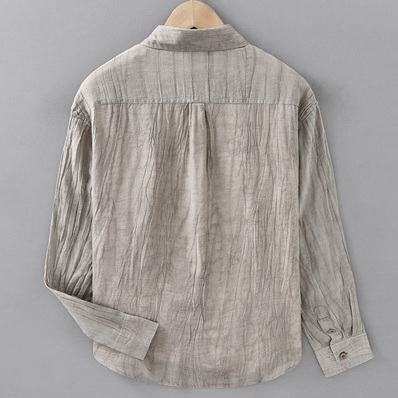 Solid Long Sleeve Stand Collar Wrinkles Button Down Ramie Linen Men's Shirts