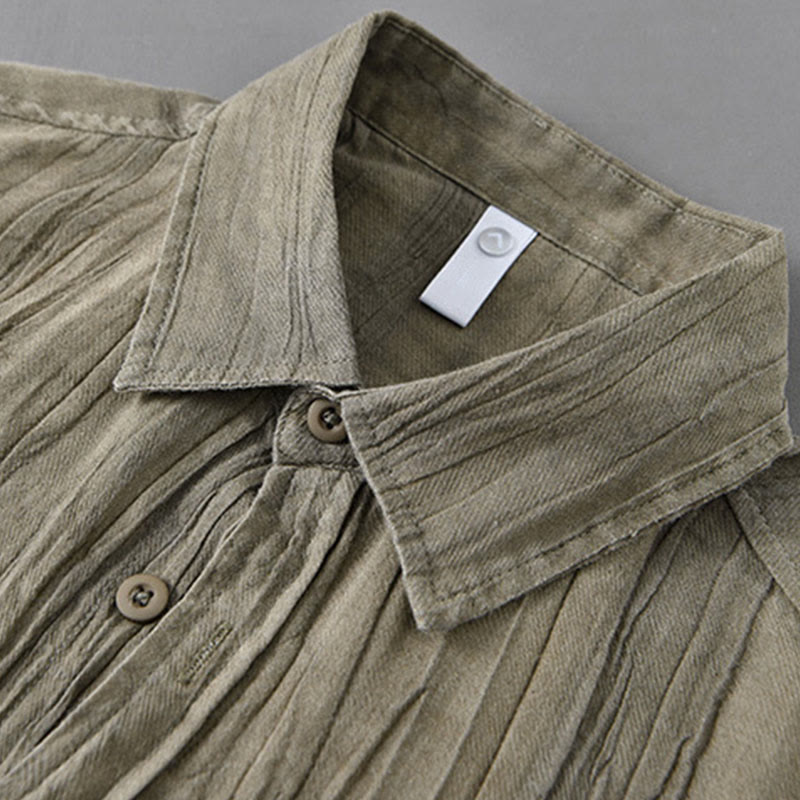 Solid Long Sleeve Stand Collar Wrinkles Button Down Ramie Linen Men's Shirts