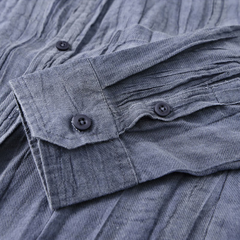 Solid Long Sleeve Stand Collar Wrinkles Button Down Ramie Linen Men's Shirts