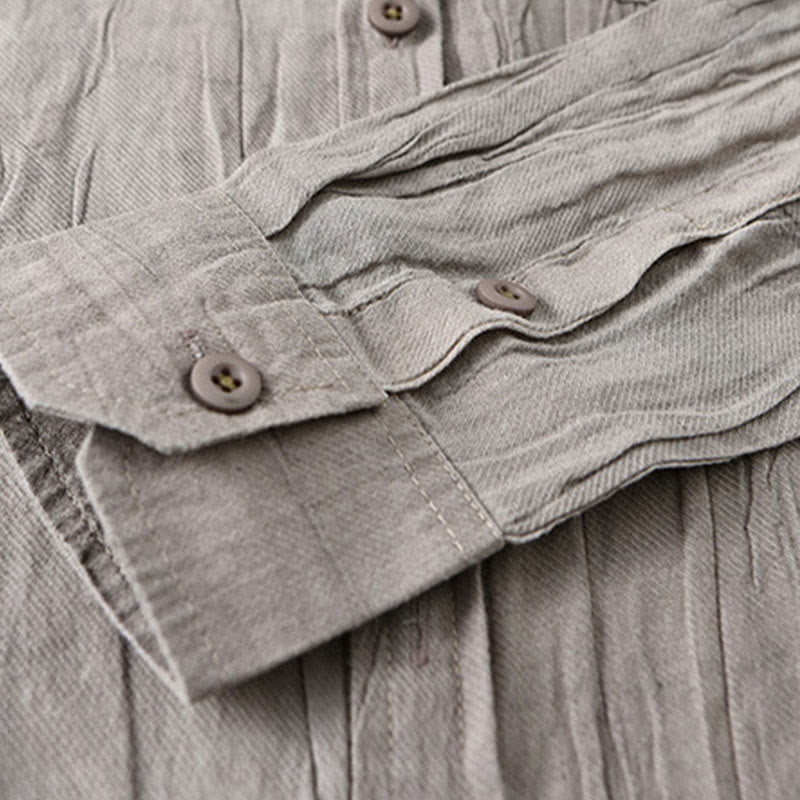 Solid Long Sleeve Stand Collar Wrinkles Button Down Ramie Linen Men's Shirts