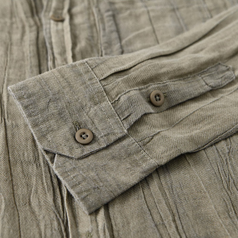 Solid Long Sleeve Stand Collar Wrinkles Button Down Ramie Linen Men's Shirts