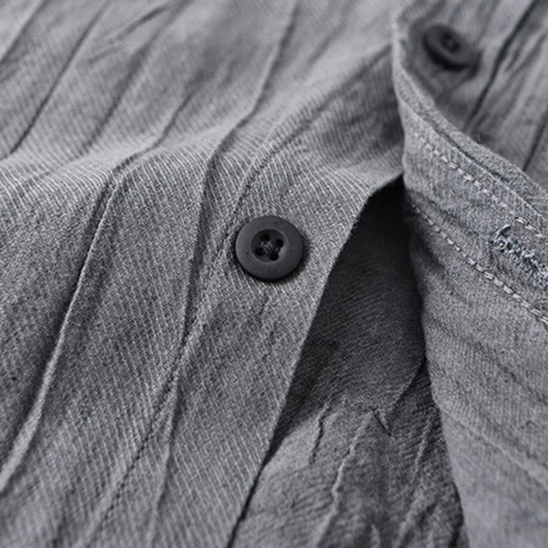 Solid Long Sleeve Stand Collar Wrinkles Button Down Ramie Linen Men's Shirts