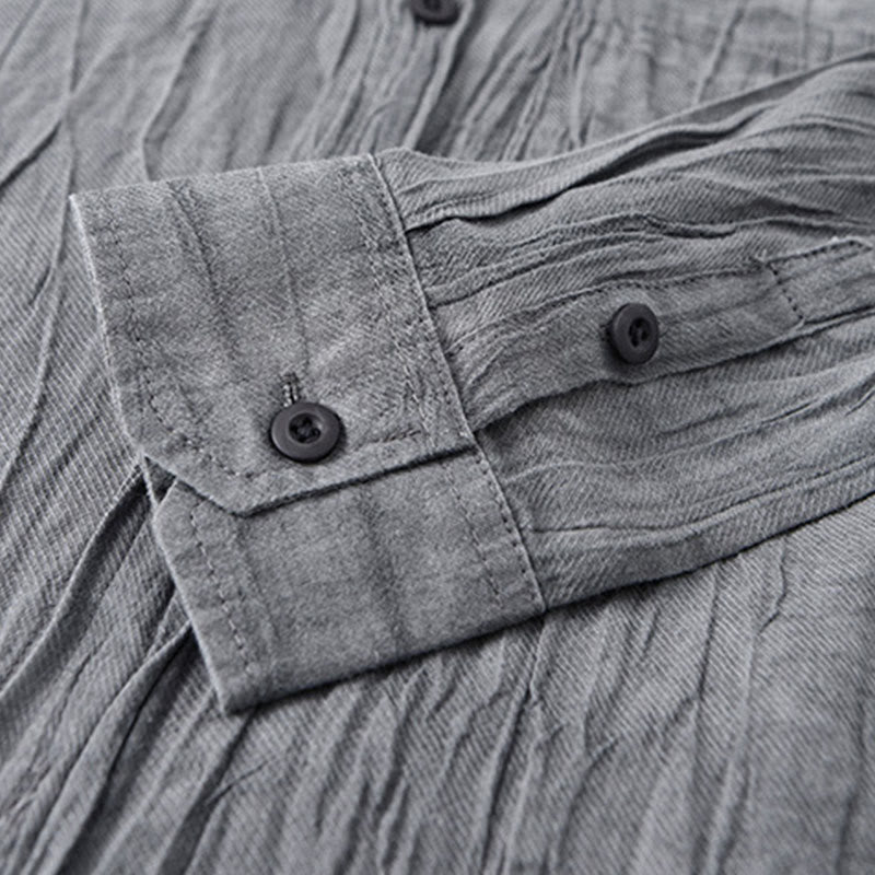 Solid Long Sleeve Stand Collar Wrinkles Button Down Ramie Linen Men's Shirts