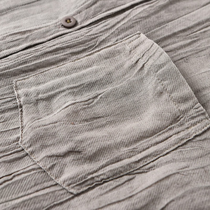 Solid Long Sleeve Stand Collar Wrinkles Button Down Ramie Linen Men's Shirts