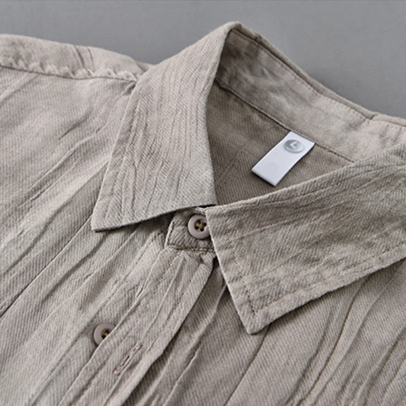 Solid Long Sleeve Stand Collar Wrinkles Button Down Ramie Linen Men's Shirts