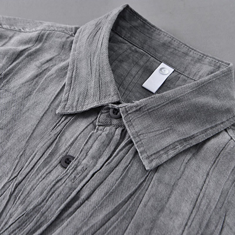 Solid Long Sleeve Stand Collar Wrinkles Button Down Ramie Linen Men's Shirts