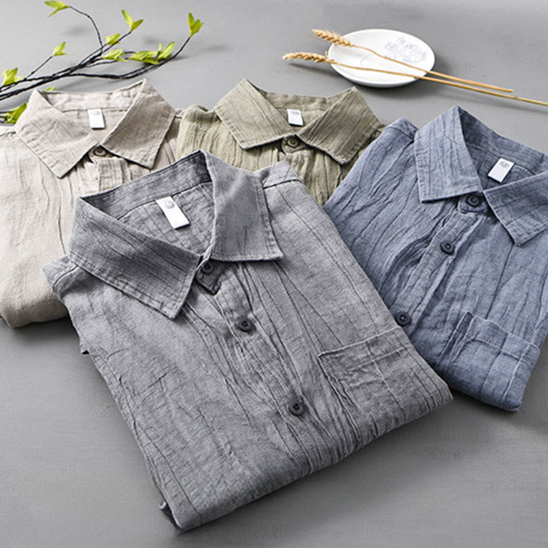Solid Long Sleeve Stand Collar Wrinkles Button Down Ramie Linen Men's Shirts