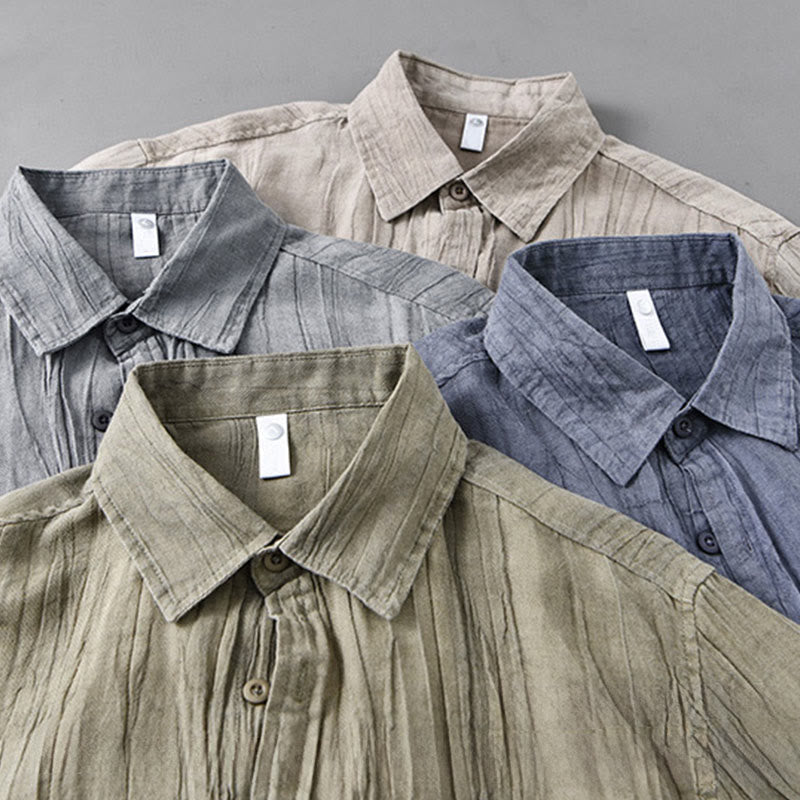 Solid Long Sleeve Stand Collar Wrinkles Button Down Ramie Linen Men's Shirts