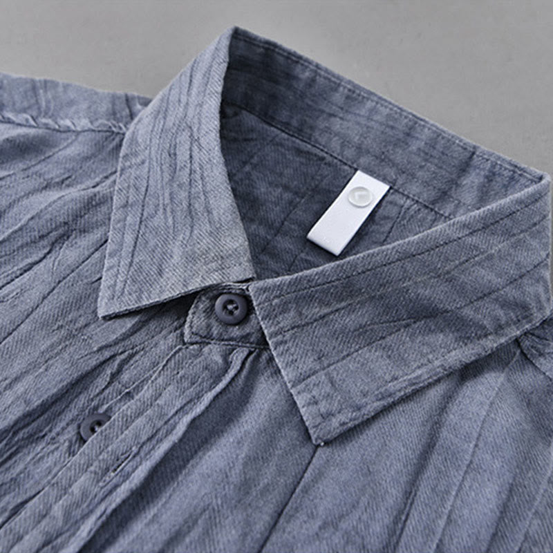 Solid Long Sleeve Stand Collar Wrinkles Button Down Ramie Linen Men's Shirts