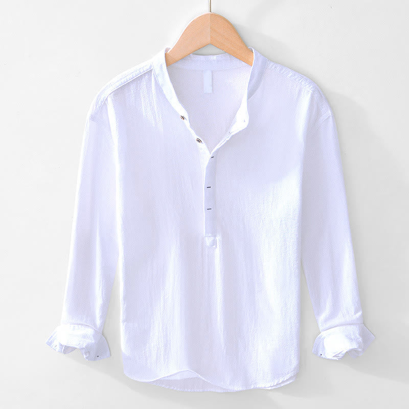 Spring Fall Solid Long Sleeve Half Button Cotton Men's Shirts