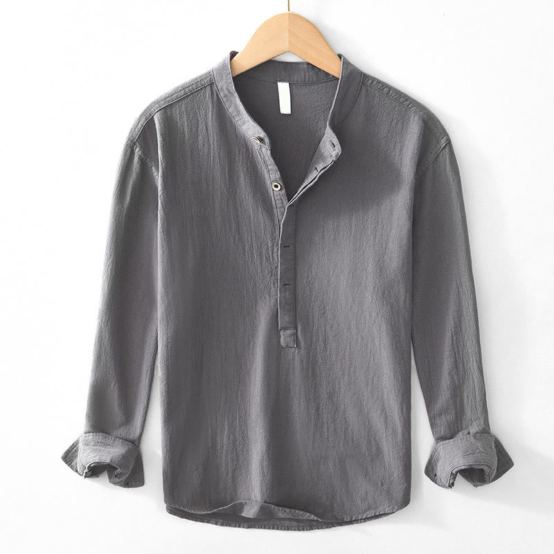 Spring Fall Solid Long Sleeve Half Button Cotton Men's Shirts