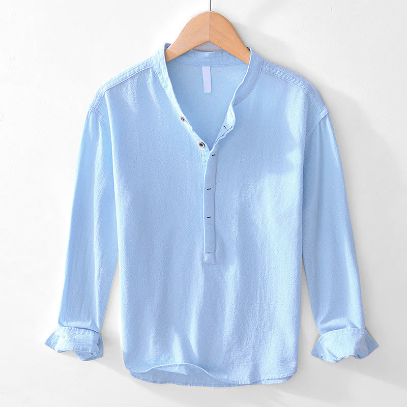 Spring Fall Solid Long Sleeve Half Button Cotton Men's Shirts