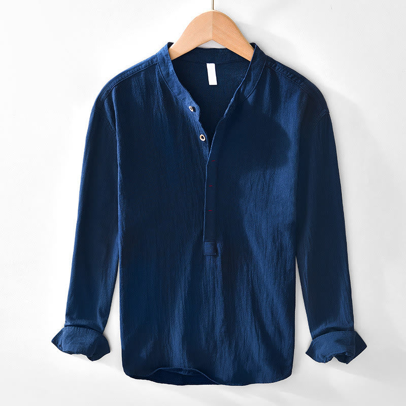 Spring Fall Solid Long Sleeve Half Button Cotton Men's Shirts