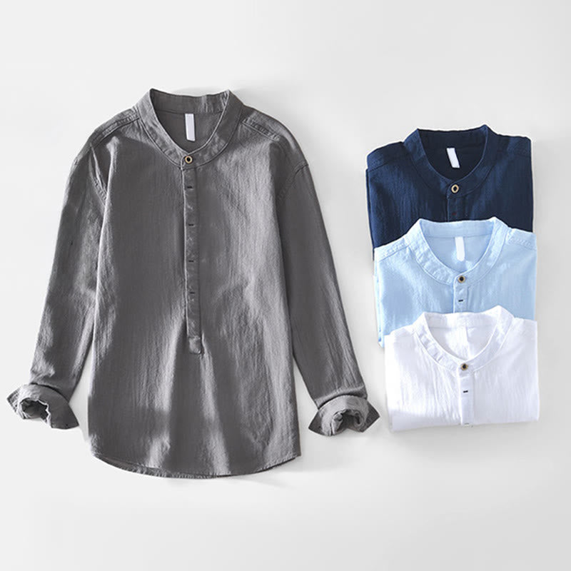 Spring Fall Solid Long Sleeve Half Button Cotton Men's Shirts