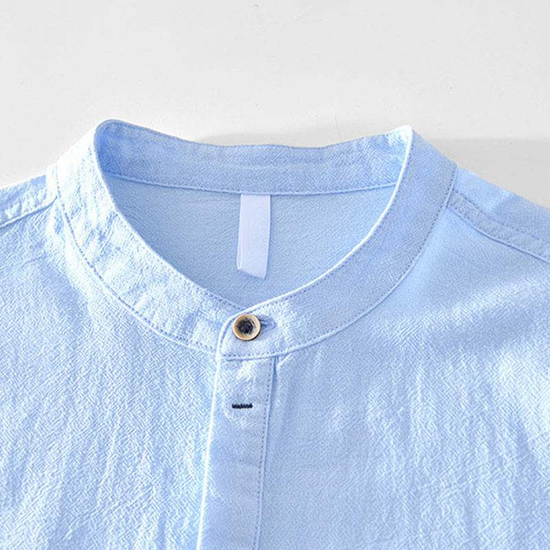 Spring Fall Solid Long Sleeve Half Button Cotton Men's Shirts