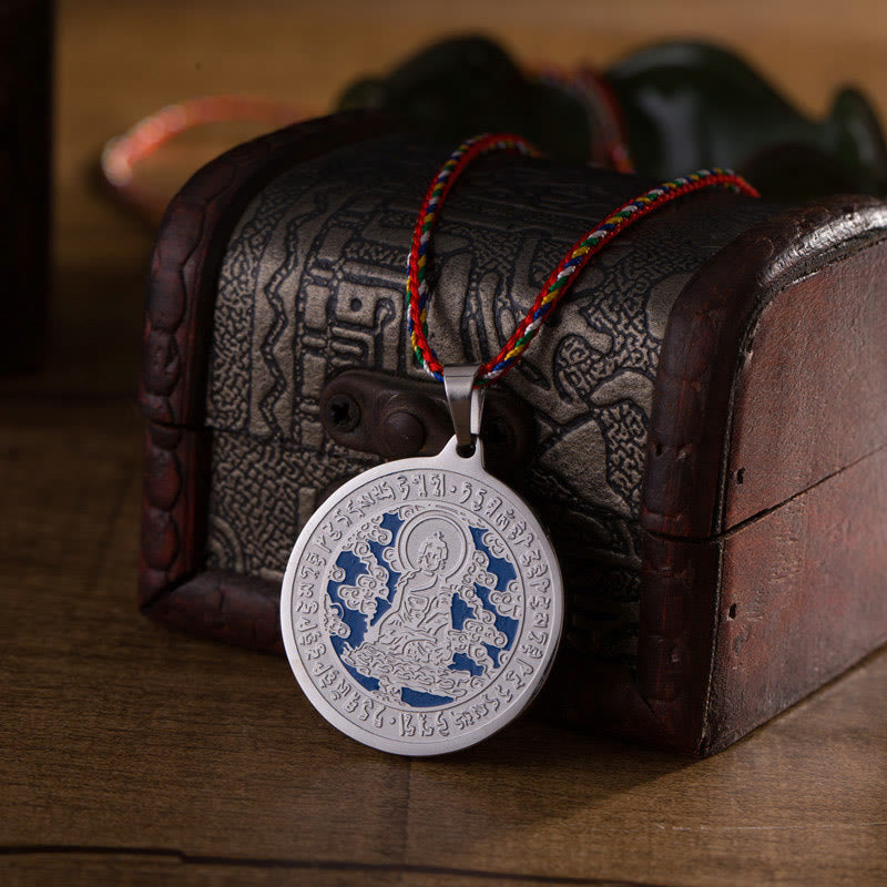 Blue Medicine Buddha Heart Mantra Titanium Steel Faith Colored Rope Necklace Pendant